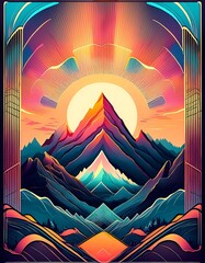 Obraz premium Sunset Mountain Polygon Art Poster - A polygonal art flyer of mountains at sunset, with the peaks rendered in warm, geometric shapes of oranges, reds, and purples. Graphic art illustration