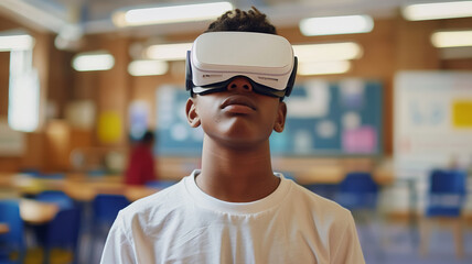Close-up of a teenager wearing a VR virtual reality headset at school