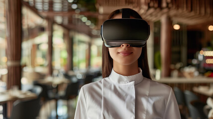 Close-up of a woman vearing a VR Virtual Reality headset with a modern restaurant in the background