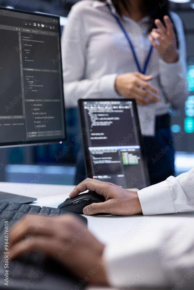 Poster teamworking admins in server farm checking recovery plan, monitoring energy consumption. coworkers i