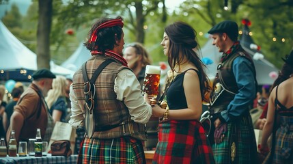open air scottish festival with traditional clothing and people drinking beer
