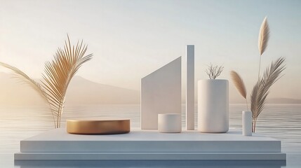 Elegant minimalist vase decor with plants on a modern platform