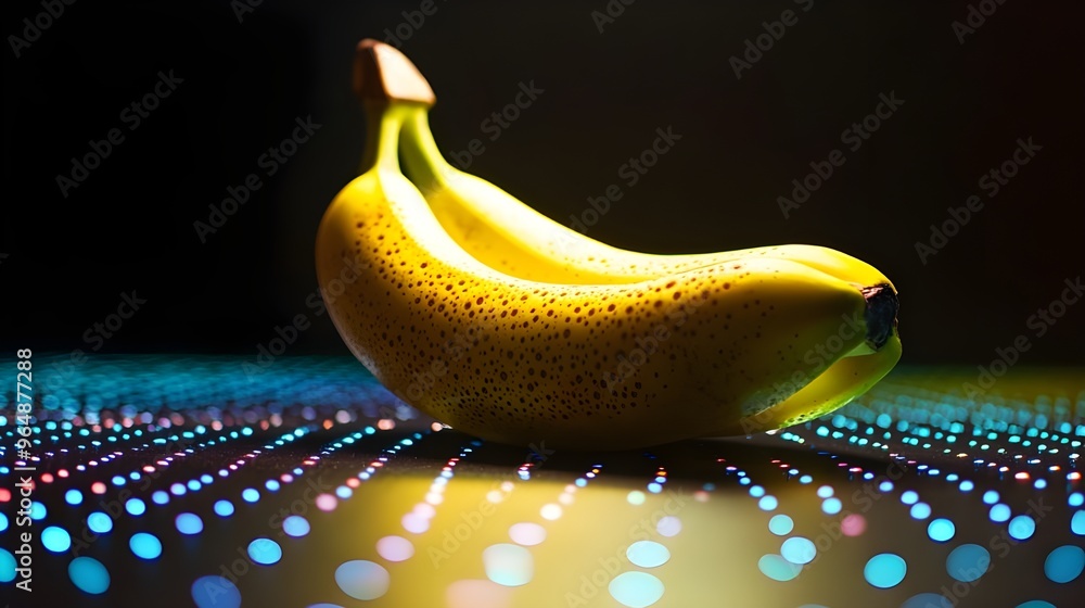 Poster glowing banana fruit against dark background with a dotted light pattern on the ground image
