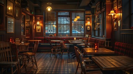 Scottish restaurant inside at night
