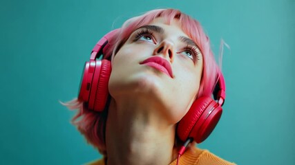 A young woman with pink hair wearing headphones, gazing upwards, symbolizing modern style, music appreciation, and youth culture against a vibrant background.