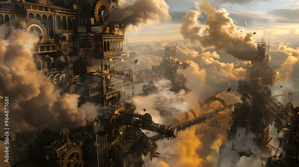 Poster steampunk clockwork cityscape with gears shifting into circuit boards and steam clouds dispersing as