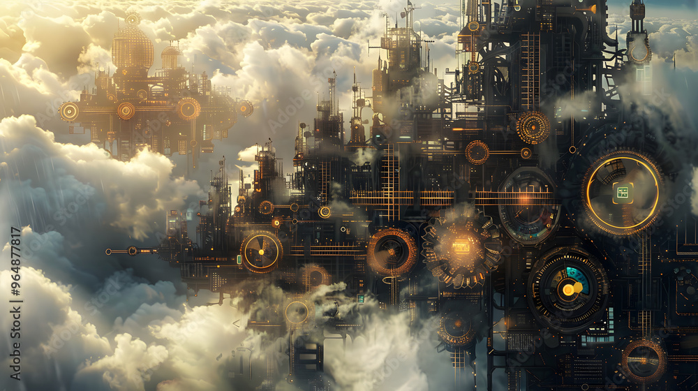 Poster steampunk clockwork cityscape with gears shifting into circuit boards and steam clouds dispersing as