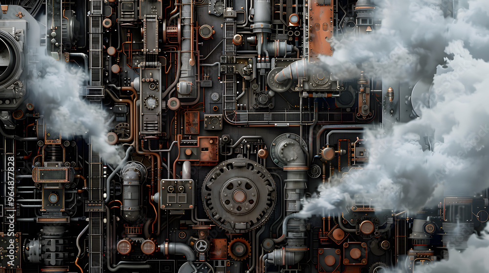 Poster steampunk clockwork cityscape with gears shifting into circuit boards and steam clouds dispersing as