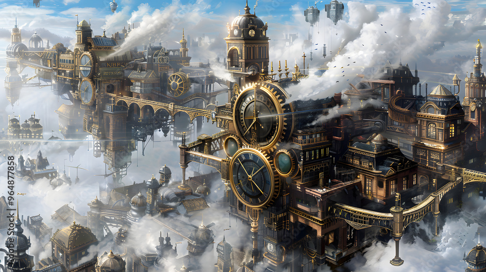 Poster steampunk clockwork cityscape with gears shifting into circuit boards and steam clouds dispersing as