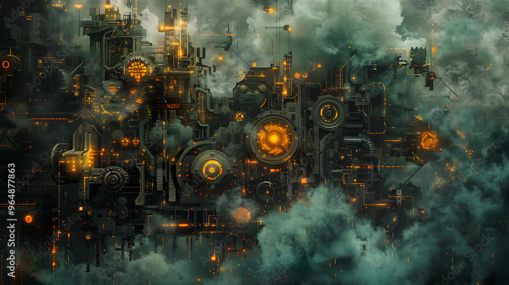 Poster steampunk clockwork cityscape with gears shifting into circuit boards and steam clouds dispersing as