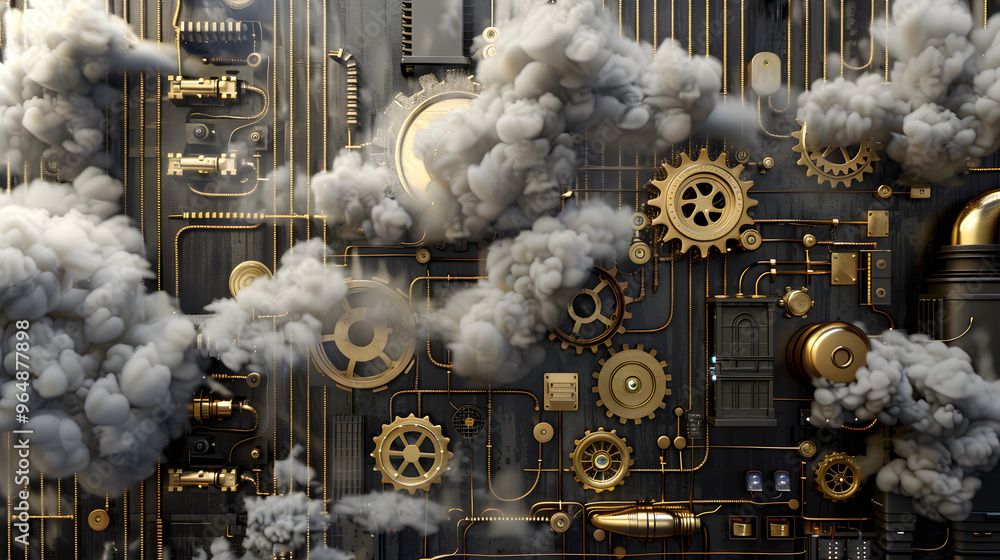 Poster steampunk clockwork cityscape with gears shifting into circuit boards and steam clouds dispersing as