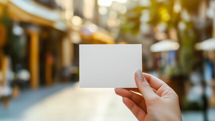 A white template business card in a hand on an outdoor background