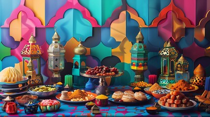 Naklejka premium Ramadan Feast: Colorful Table Setting with Lanterns and Dates