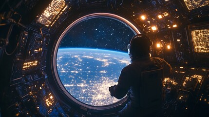 Astronaut inside spaceship cabin, looking out the window at Earth, exploring the universe from a rocket shuttle, future of space travel and technology in a cosmic background