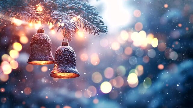 Christmas bells on the tree. Falling snow. 30 seconds loop video.