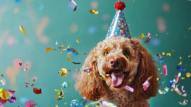 A joyful dog wearing a colorful party hat, surrounded by confetti, celebrating a fun and festive event, symbolizing pet happiness and playful spirit.