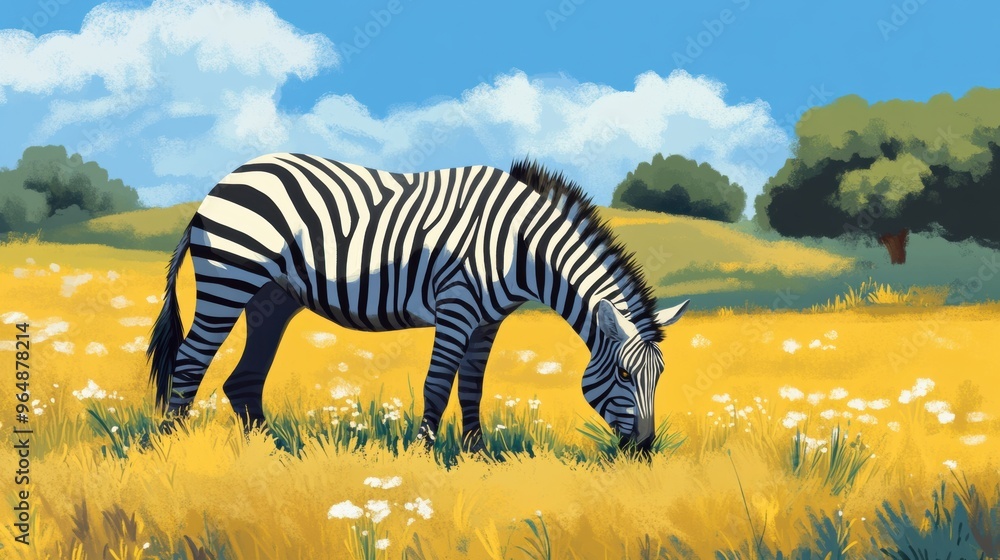 Poster a zebra grazing in a field of tall yellow grass, ai