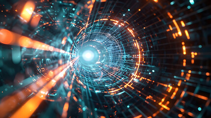 Obraz premium Subatomic particle chamber where collision traces form circuit patterns and energy bursts coalesce into holographic displays 