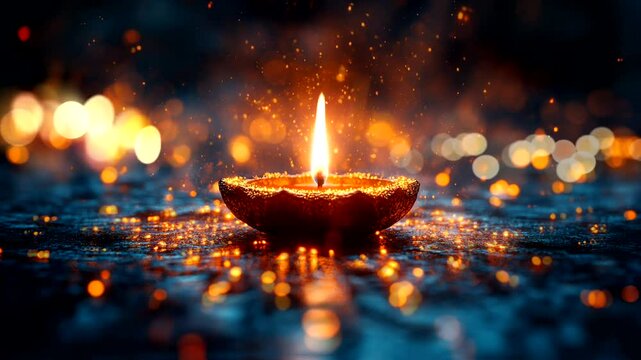 Loop video. 30 seconds. A single burning candle. Diwali, the Hindu festival of lights. Moving flame and lights in the background.