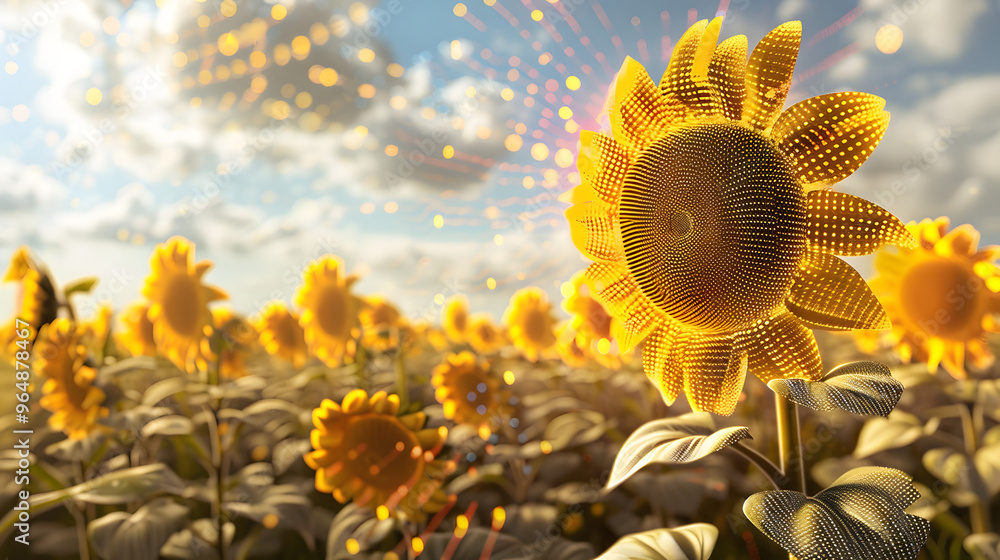Poster sunflower field with flower heads made of radar dishes and petals transitioning into electromagnetic