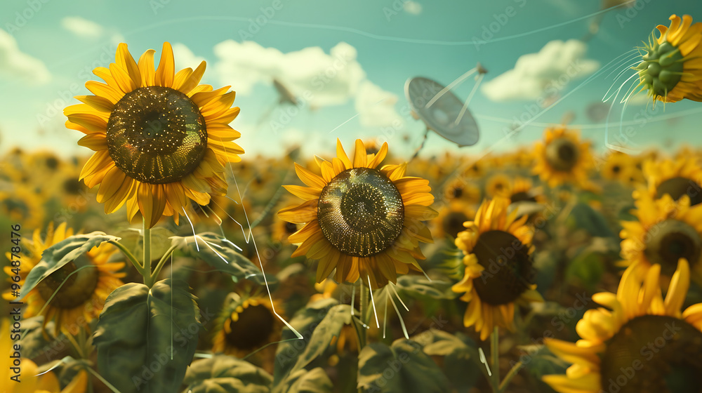 Poster sunflower field with flower heads made of radar dishes and petals transitioning into electromagnetic