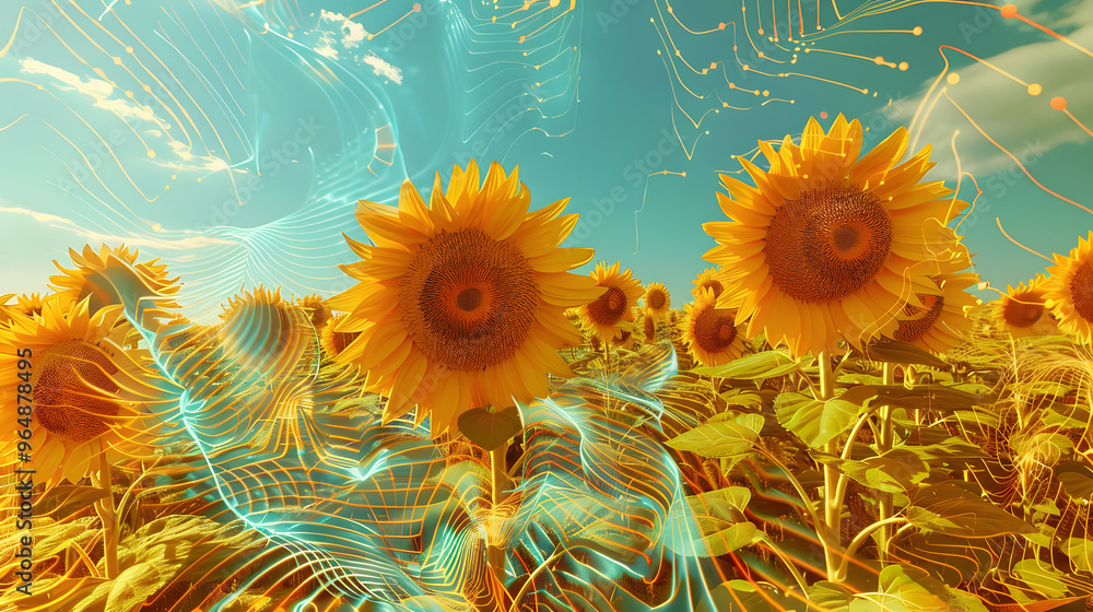 Poster sunflower field with flower heads made of radar dishes and petals transitioning into electromagnetic