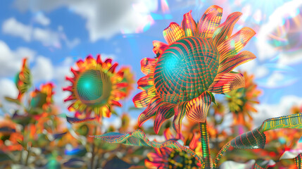Sunflower field with flower heads made of radar dishes and petals transitioning into electromagnetic wave patterns 