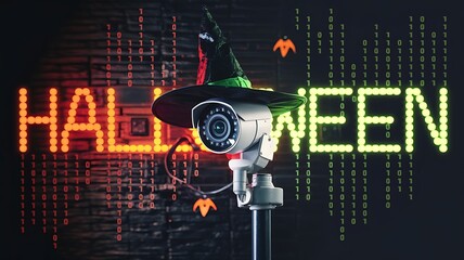 A security camera wearing a witch's hat, with red and green neon lights, for Halloween cybersecurity. 
