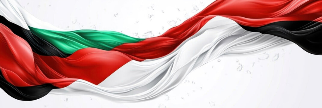 Independence day of Sudan. Waving flag of Sudan on white background. Horizontal banner. Free space for text. Abstract black, green, red and white background - Powered by Adobe