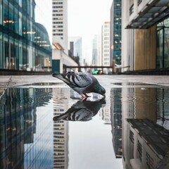 City Pigeon Drinking from a Rain Puddle Between High-Rise Buildings