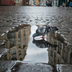 City Pigeon Drinking from a Rain Puddle in a Cobblestone Alley