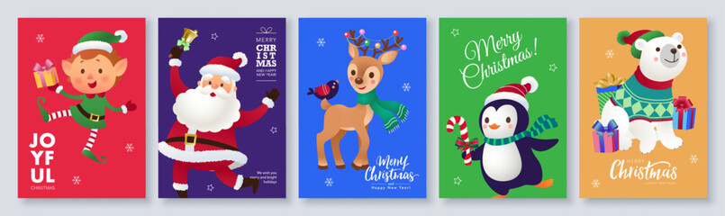 Christmas decoration greeting card set with typography and cute Santa Claus, elf, deer, penguin, polar bear. Merry Christmas and Happy New Year vertical backgrounds. Vector illustration
