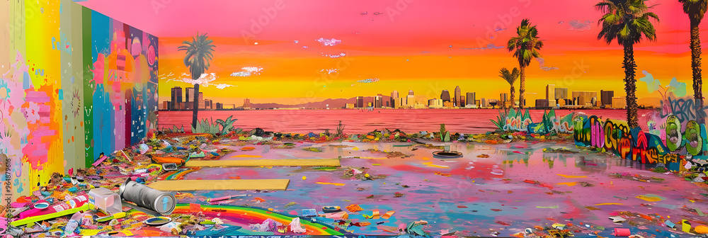Poster sustainable materials processing hub and turning garbage into gold and surrounded by a rainbow-hued 