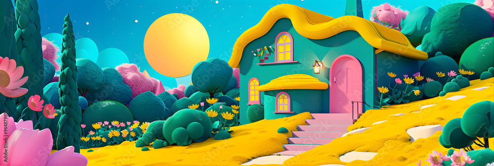 Poster sustainable materials processing hub and turning garbage into gold and surrounded by a rainbow-hued 