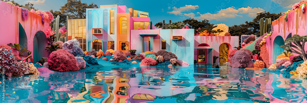 Poster sustainable materials processing hub and turning garbage into gold and surrounded by a rainbow-hued 
