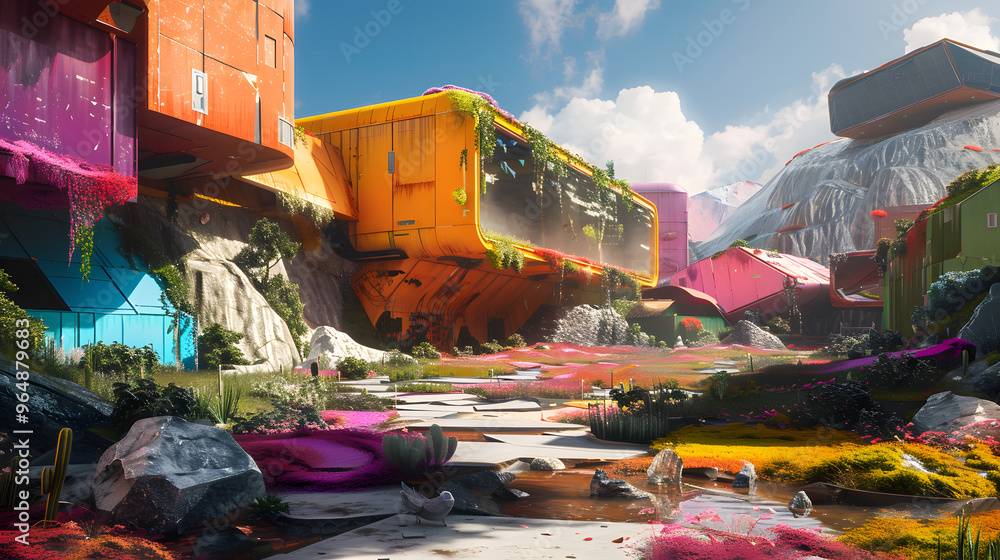 Poster sustainable materials processing hub and turning garbage into gold and surrounded by a rainbow-hued 