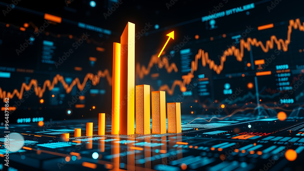 Poster a 3d bar graph rising sharply upward, surrounded by glowing data charts and financial metrics floati