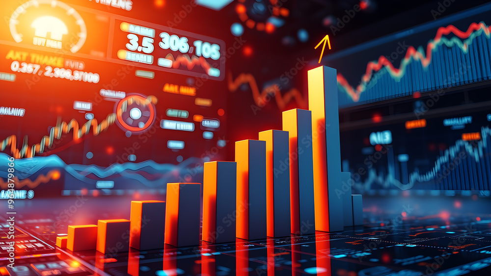 Poster a 3d bar graph rising sharply upward, surrounded by glowing data charts and financial metrics floati