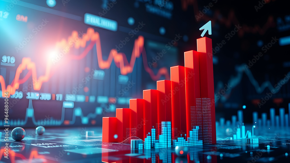 Poster a 3d bar graph rising sharply upward, surrounded by glowing data charts and financial metrics floati