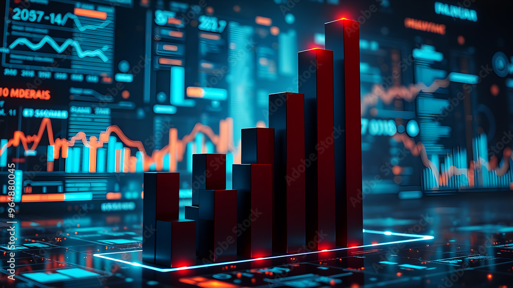 Poster a 3d bar graph rising sharply upward, surrounded by glowing data charts and financial metrics floati