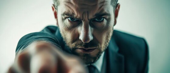 Determined businessman pointing with intensity in a darkened office