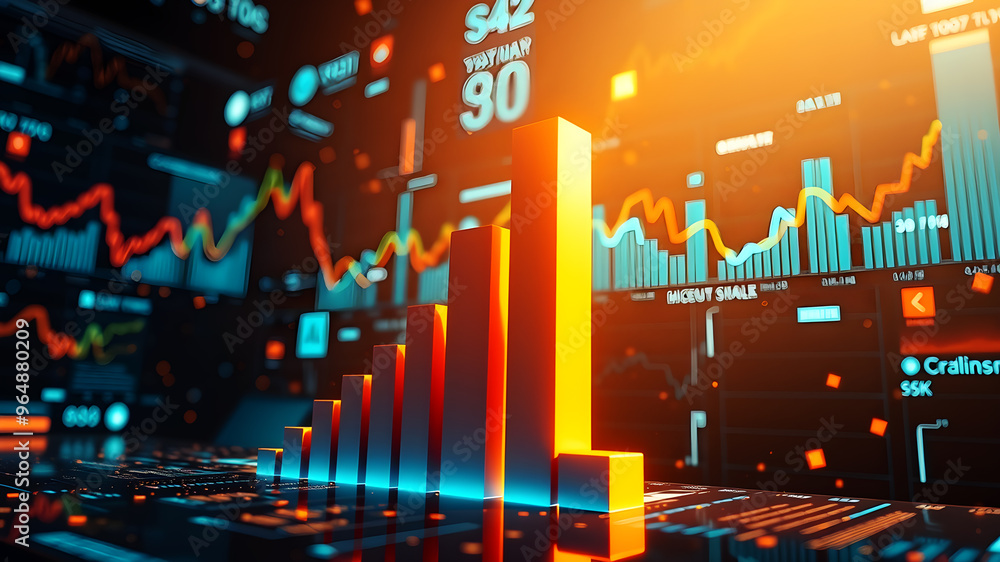 Poster a 3d bar graph rising sharply upward, surrounded by glowing data charts and financial metrics floati