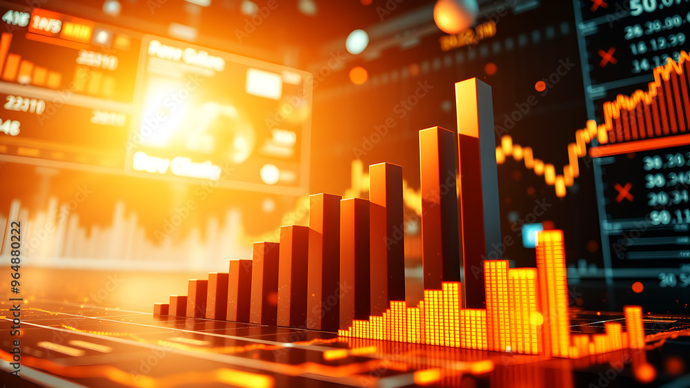 Poster a 3d bar graph rising sharply upward, surrounded by glowing data charts and financial metrics floati