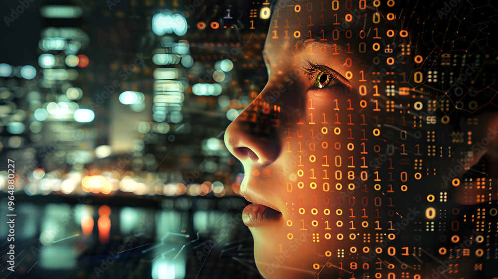 Poster teenager's face comprised of binary code and futuristic cityscape behind