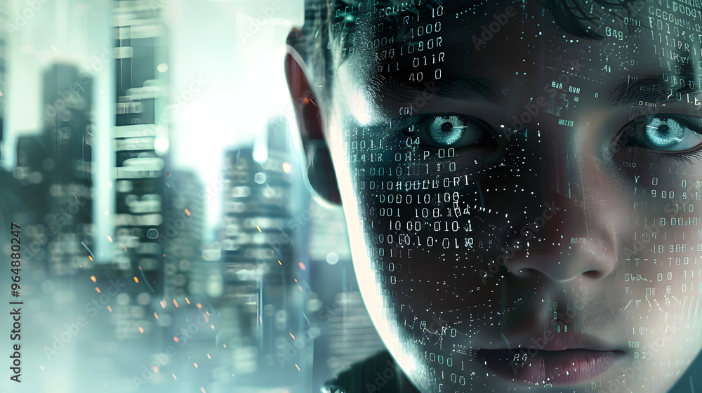 Poster teenager's face comprised of binary code and futuristic cityscape behind