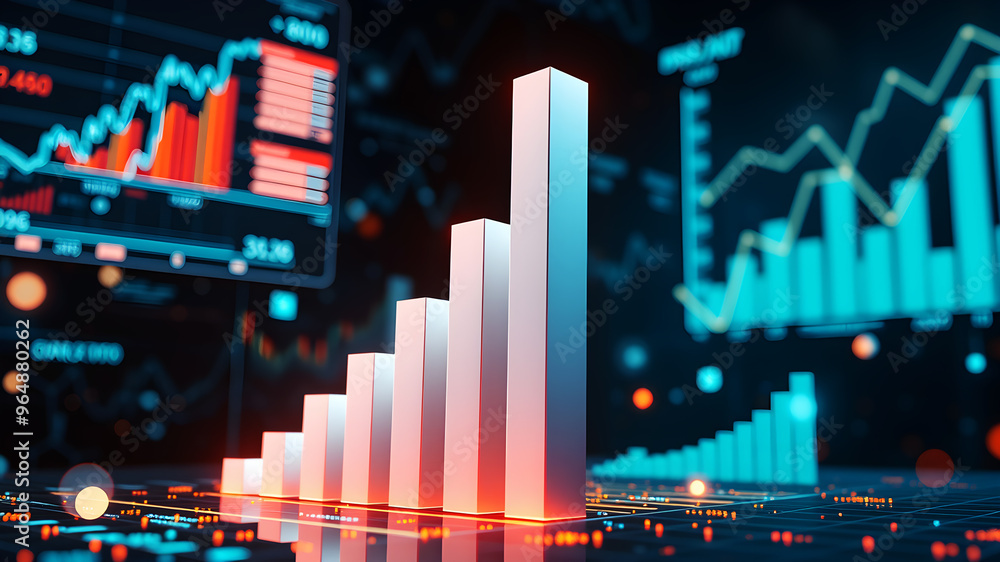 Poster a 3d bar graph rising sharply upward, surrounded by glowing data charts and financial metrics floati