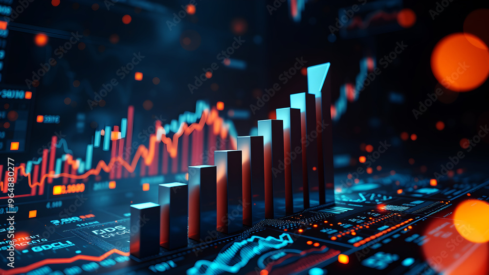 Poster a 3d bar graph rising sharply upward, surrounded by glowing data charts and financial metrics floati