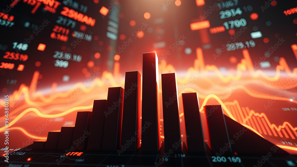 Poster a 3d bar graph rising sharply upward, surrounded by glowing data charts and financial metrics floati
