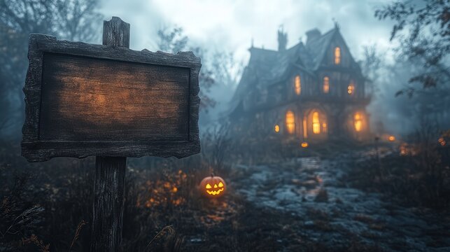 A sign is on a wooden post in front of a creepy house