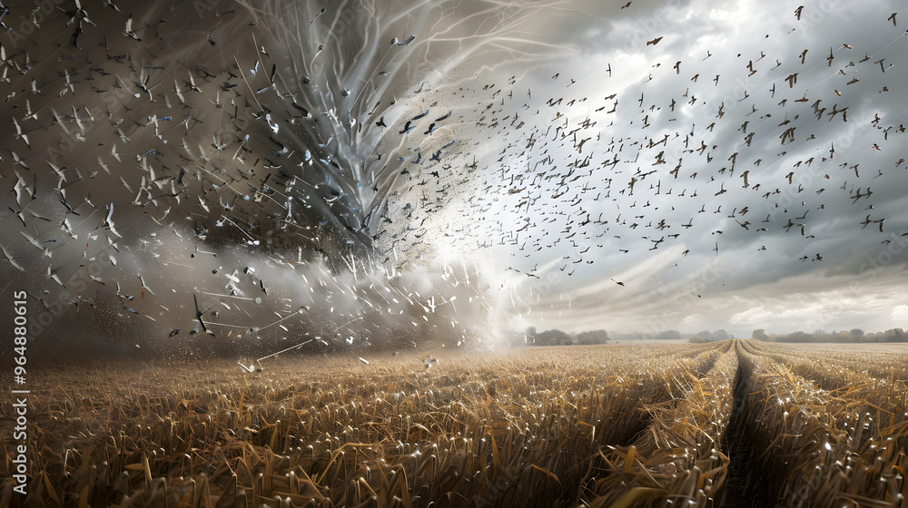 Poster tornado alley where swirling vortexes become dna helixes made of binary code and debris transforms i